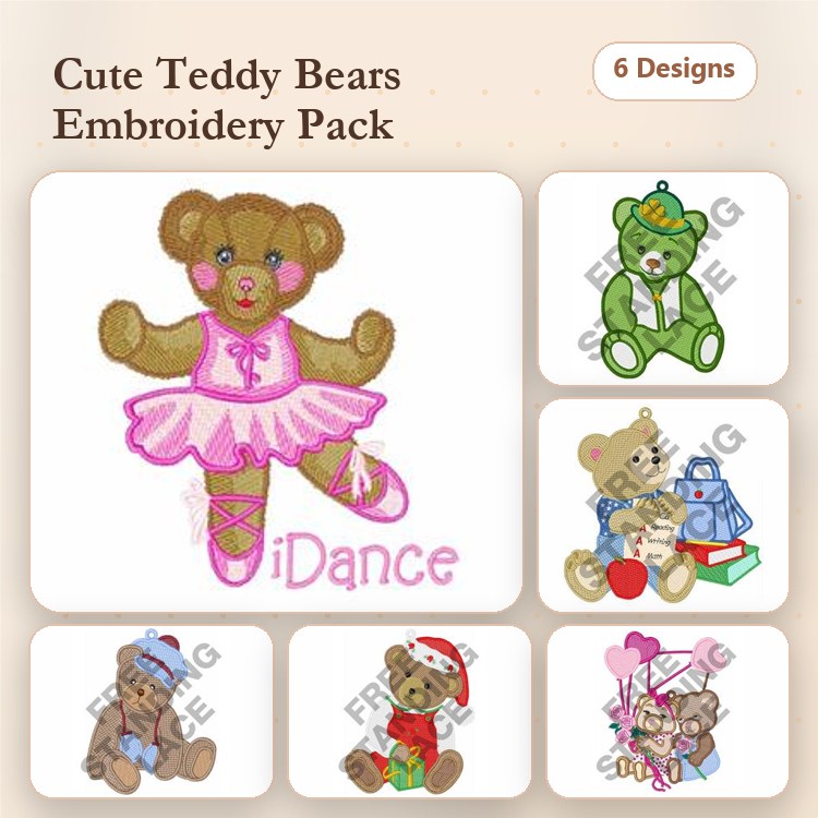 Cute Teddy Bears Embroidery Designs Bundle – Ballet Teddy Bear, Christmas Teddy Bear, Teddy Bear with Gift & More (6 Designs)