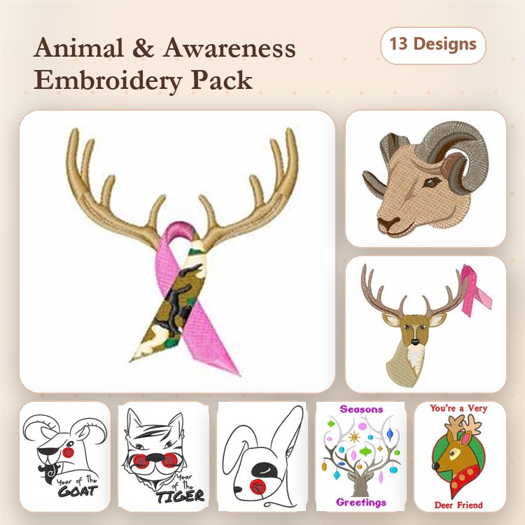 Animal Awareness Embroidery Designs Bundle – Deer Head with Pink Ribbon, Antlers with Pink Ribbon, Goat & More (13 Designs)