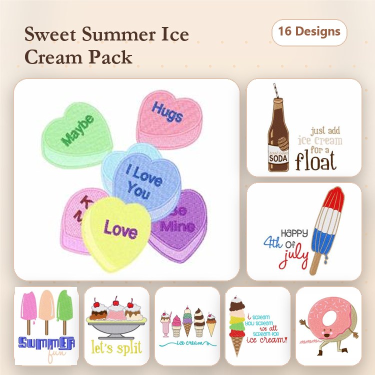 Ice Cream & Summer Treats Embroidery Designs Bundle – Ice Cream Cone, Popsicle, Watermelon & More (16 Designs)