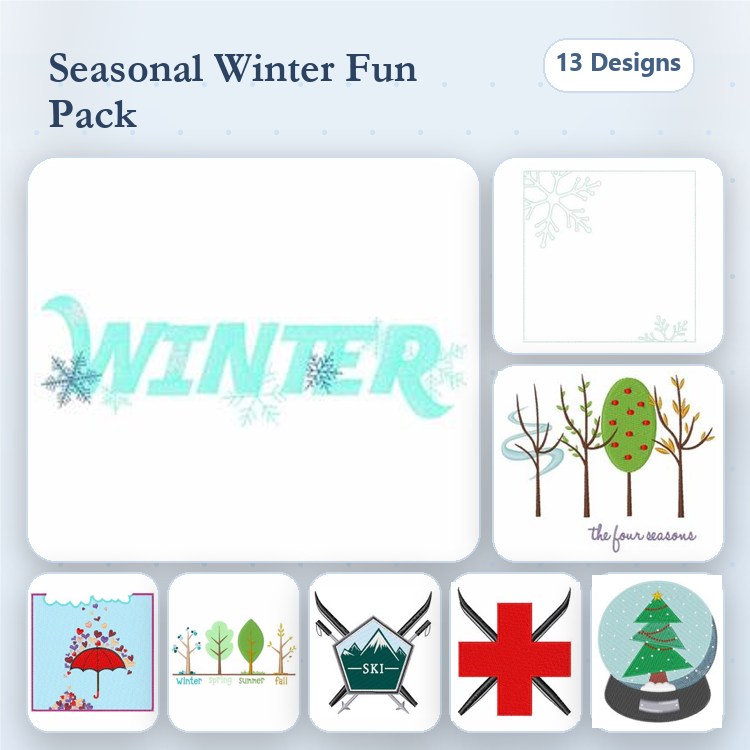 Winter-Themed Embroidery Designs Bundle – WINTER Text, Snowflake, Christmas Tree & More (13 Designs)