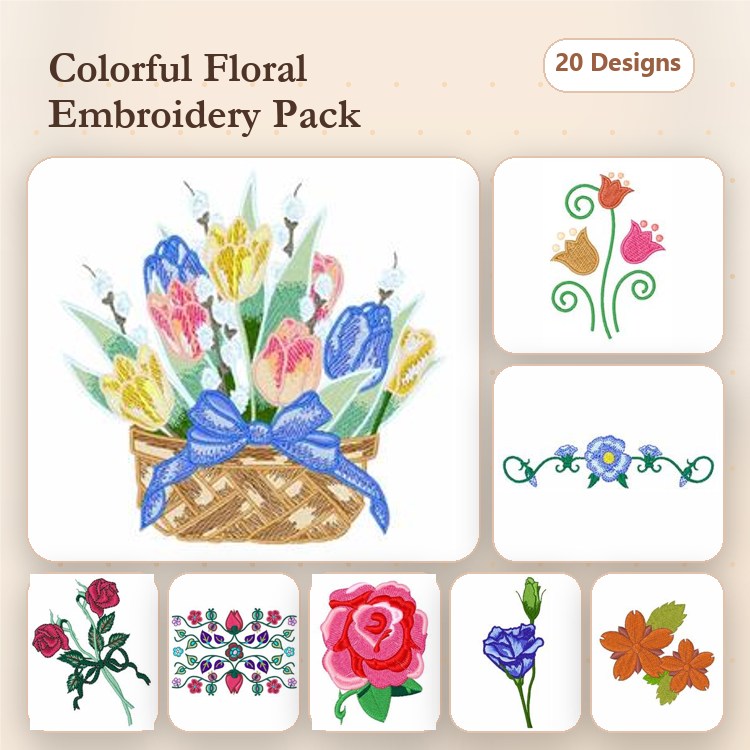 Colorful Floral Embroidery Designs Bundle – Flower Basket, Tulip Design, Rose Design & More (20 Designs)