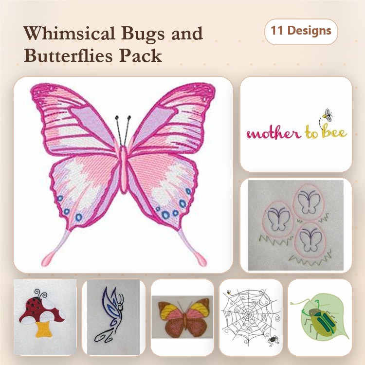 Bugs & Butterflies Embroidery Designs Bundle – Pink Butterfly, Bee, Ladybug, Dragonfly & More (11 Designs)