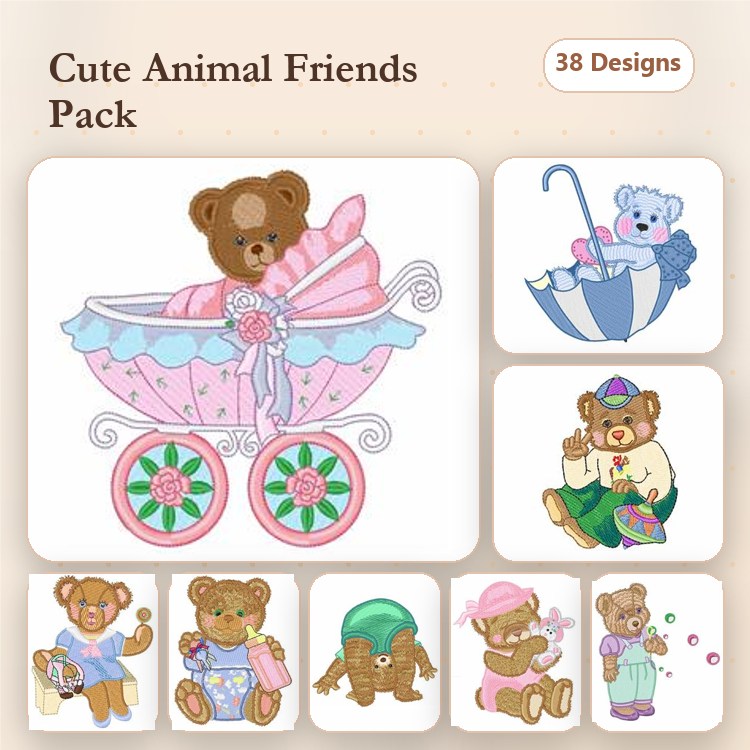 Cute Animal Characters Embroidery Bundle – Teddy Bear in Stroller, Kangaroo with Baby & More (38 Designs)