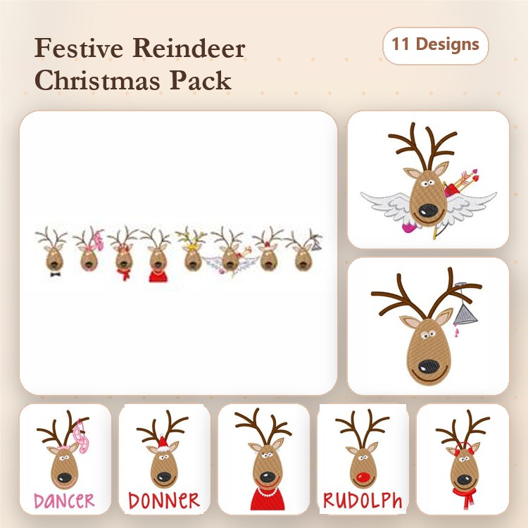 Festive Reindeer Embroidery Designs Bundle – Dancer, Rudolph, Reindeer with Hat & More (11 Designs)
