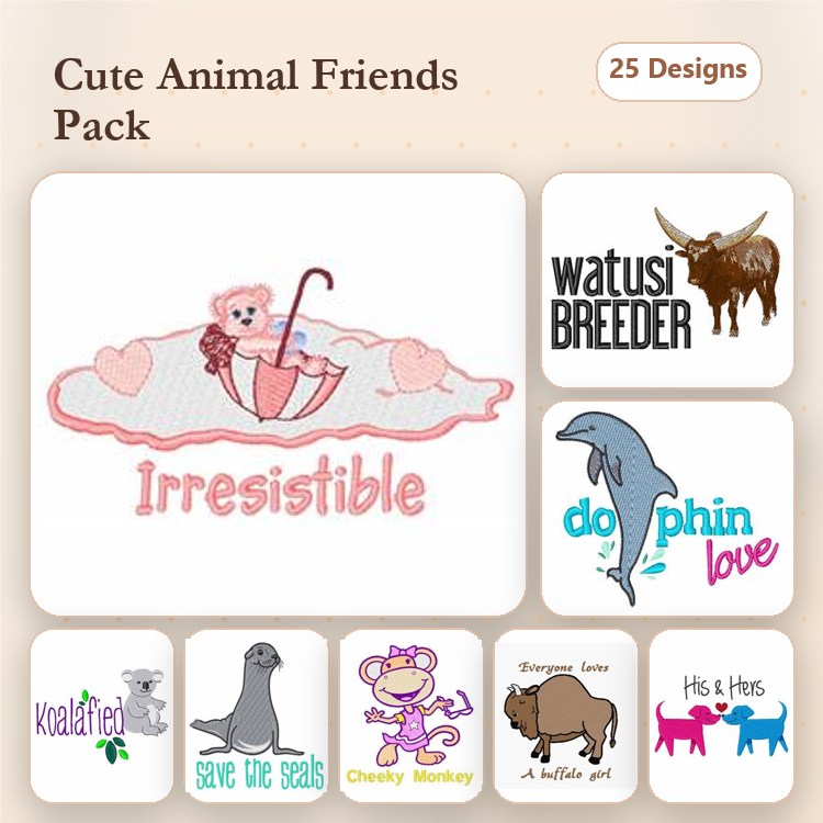 Cute Animal Friends Embroidery Designs Bundle – Irresistible Umbrella Bear, Dolphin Love, Cheeky Monkey & More (25 Designs)