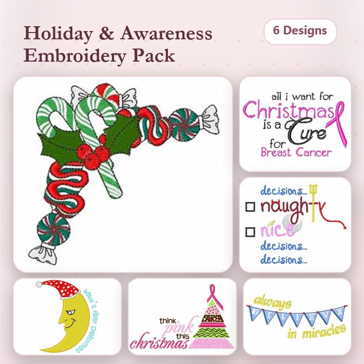 Holiday & Awareness Embroidery Designs Bundle – Candy Cane with Holly, Christmas Tree, Always in Miracles Banner & More (6 Designs)