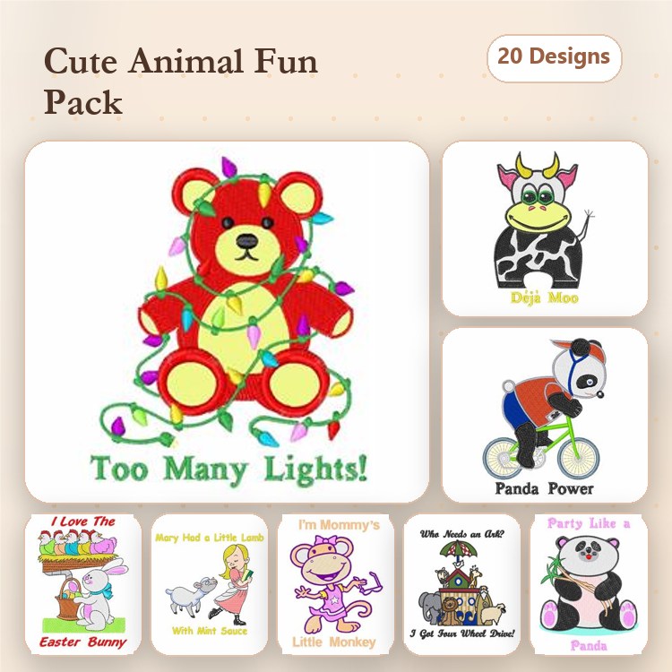 Cute Animal Embroidery Designs Bundle – Holiday Bear, Digi Moo, Panda Power & More (20 Designs)