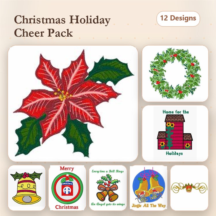 Christmas Holiday Embroidery Designs Bundle – Poinsettia, Holly Wreath, House for the Holidays & More (12 Designs)