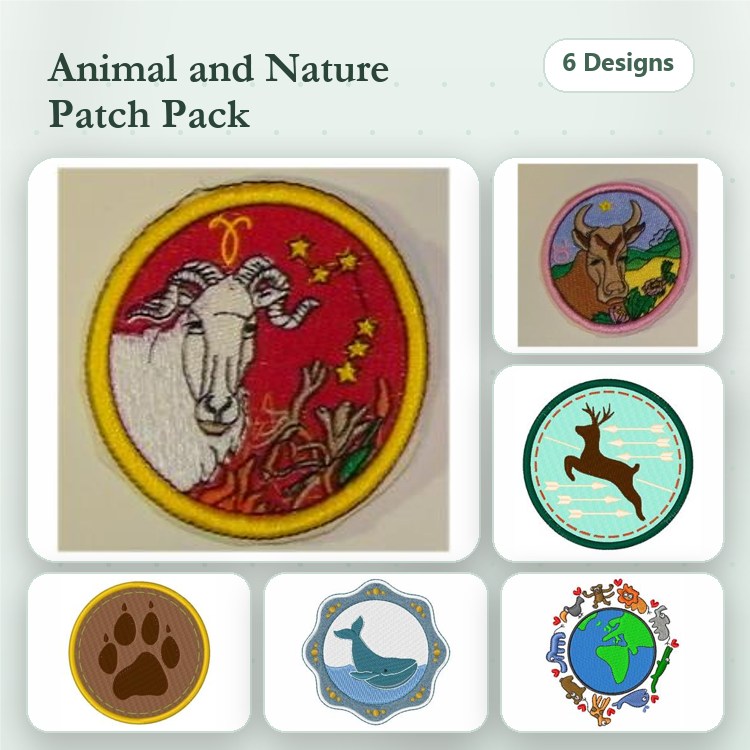 Animal and Nature Embroidery Bundle – Aries Zodiac Sheep, Deer Silhouette, Whale Illustration & More (6 Designs)