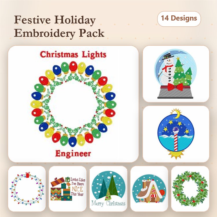 Holiday Themed Embroidery Designs Bundle – Christmas Lights Wreath, Snow Globe with Snowman, Holiday Tree & More (14 Designs)