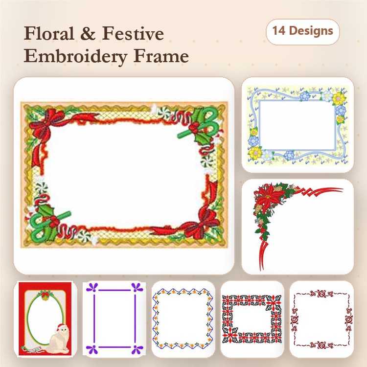 Floral and Festive Frames Embroidery Designs Bundle – Floral Frame with Red Ribbon, Holly Frame, Elegant Flower Border Frame & More (14 Designs)