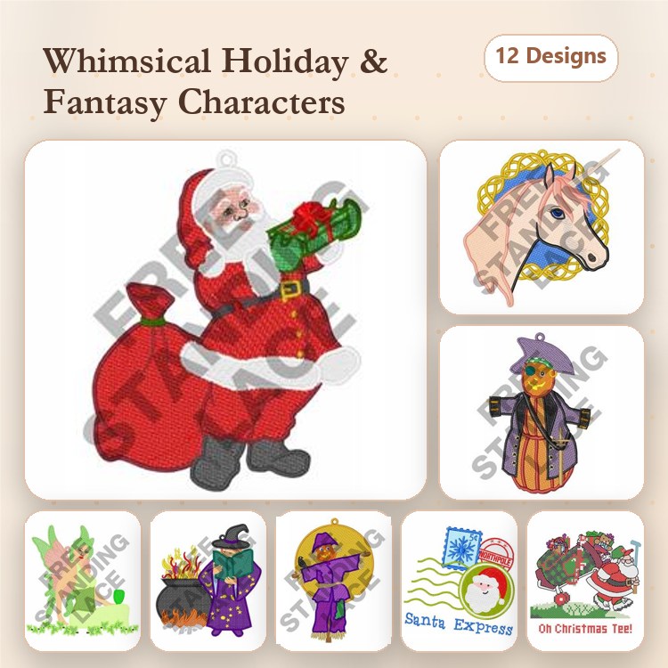 FSL Whimsical Holiday Characters Embroidery Designs Bundle – Santa Claus, Unicorn, Witch & More (12 Designs)