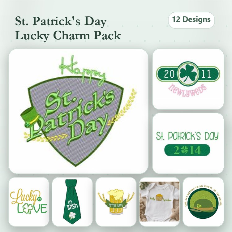 St. Patrick's Day Embroidery Designs Bundle – Happy St. Patrick's Day Shield, Lucky Charm, Four Leaf Clover & More (12 Designs)