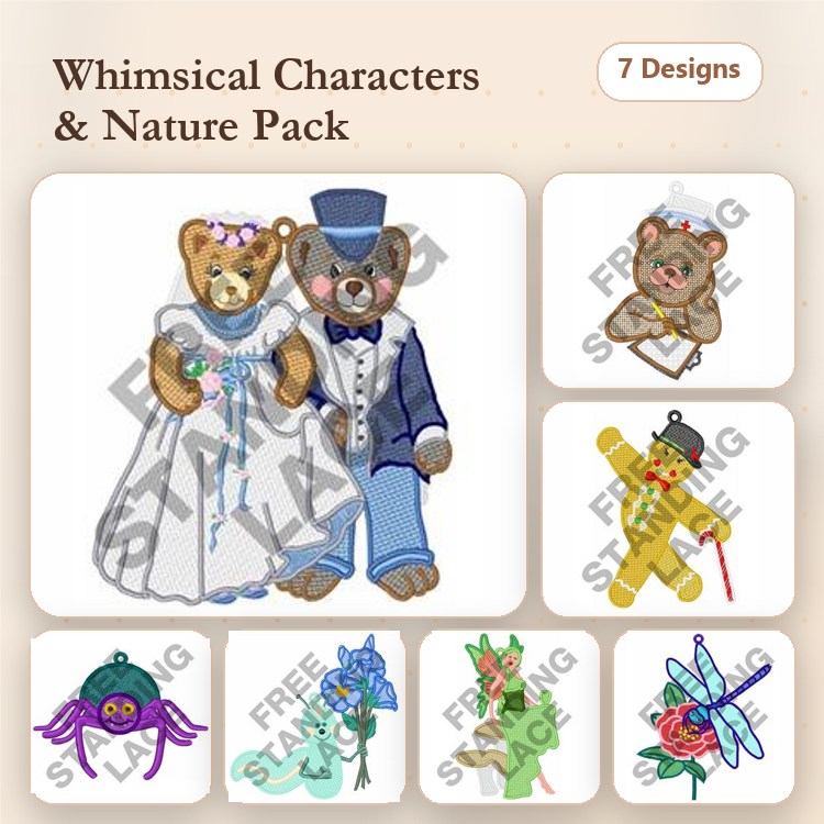 FSL Whimsical Characters Embroidery Designs Bundle – Wedding Bear Couple, Bear with Top Hat, & More (7 Designs)