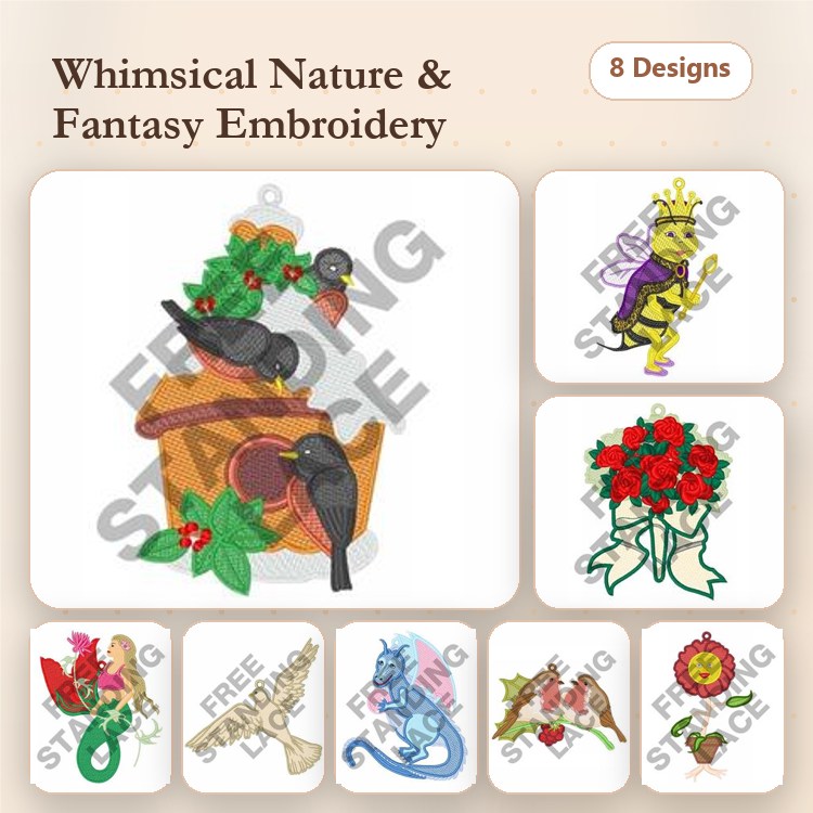 FSL Whimsical Nature & Fantasy Embroidery Designs Bundle – Birds with Holly, Dragon Ornament, Crown Fairy & More (8 Designs)