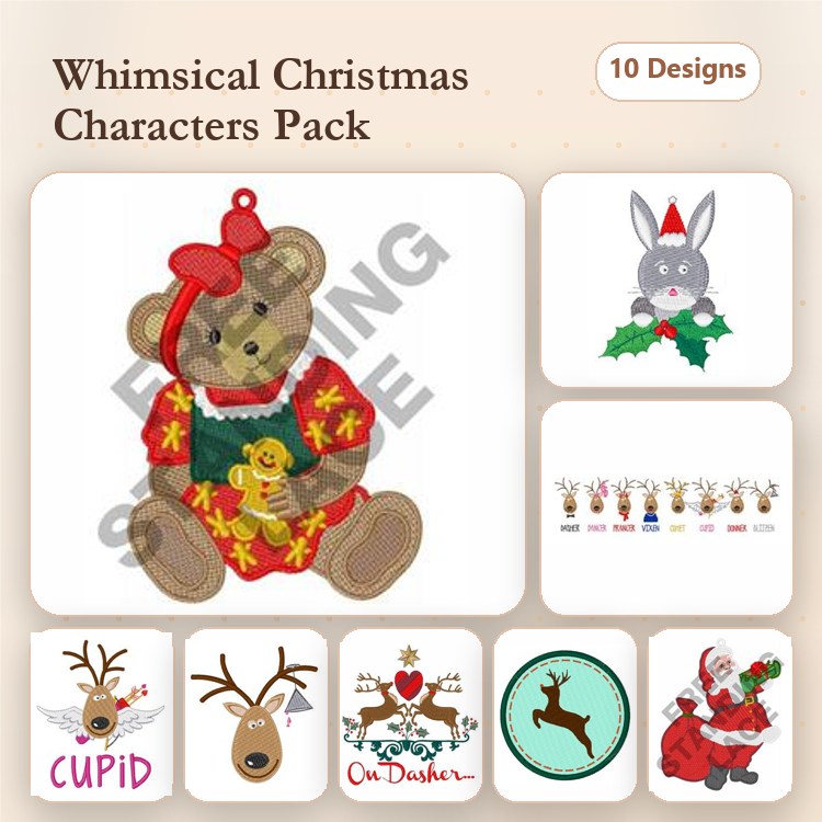 Christmas Characters Embroidery Bundle – Christmas Bear, Holly Bunny, Reindeer & More (10 Designs)