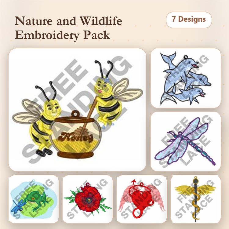 FSL Nature and Wildlife Embroidery Designs Bundle – Bee with Honey Pot, Dragonfly, Flower with Leaves & More (7 Designs)