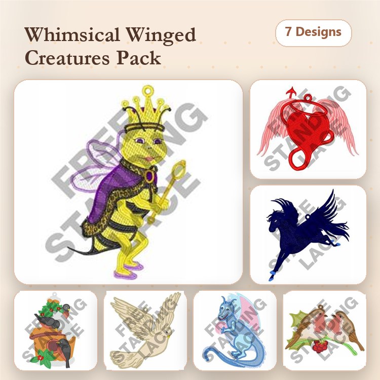 FSL Whimsical Winged Creatures Embroidery Designs Bundle – Bee with Crown, Unicorn, Fairy & More (7 Designs)