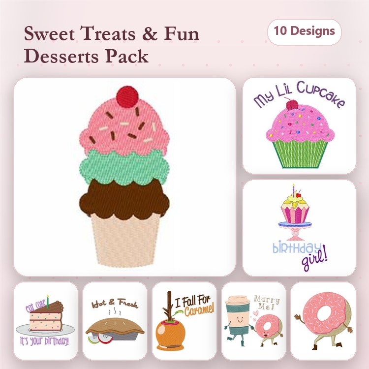 Desserts and Sweet Treats Embroidery Designs Bundle – Ice Cream Cone, Cupcake, Donut & More (10 Designs)