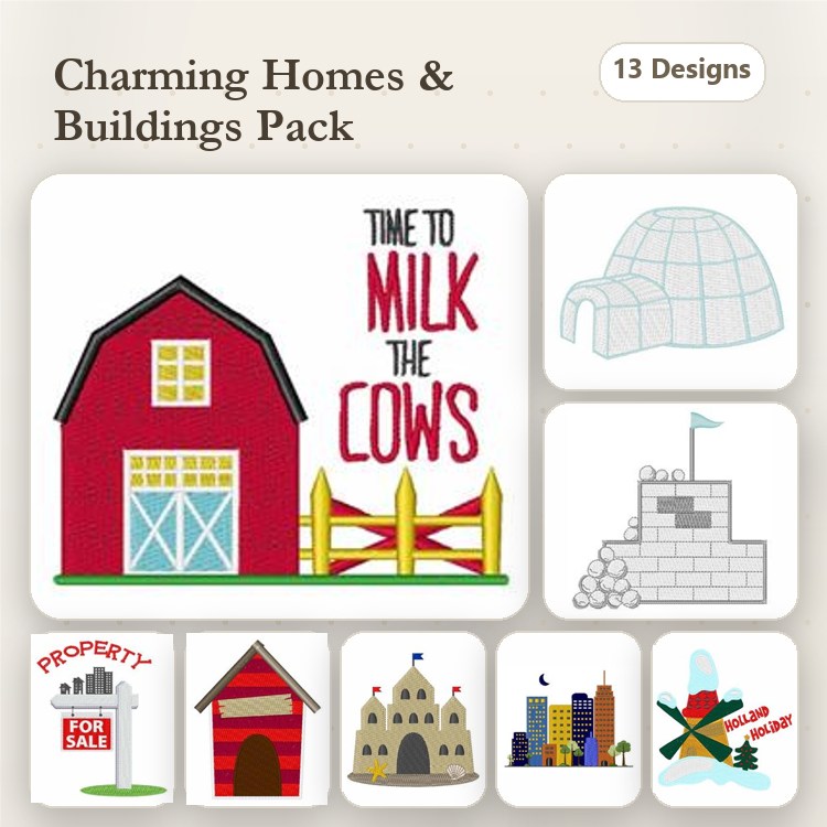 Homes and Buildings Embroidery Designs Bundle – Barn, Castle, Igloo & More (13 Designs)