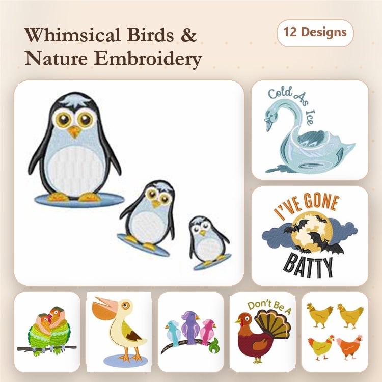 Whimsical Birds and Nature Embroidery Designs Bundle – Penguin Family, Swan, Parrot & More (12 Designs)