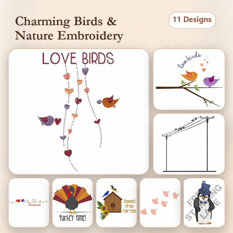 Charming Birds & Nature Embroidery Designs Bundle – Love Birds, Birdhouse, Feed the Birds & More (11 Designs)