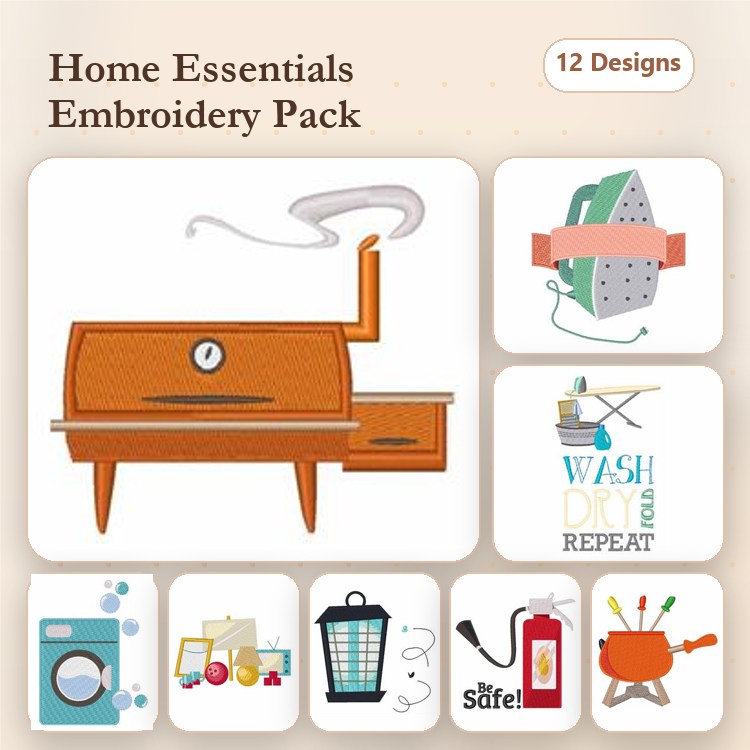 Home Essentials Embroidery Designs Bundle – Sewing Machine, Ironing Board, Washing Machine & More (12 Designs)