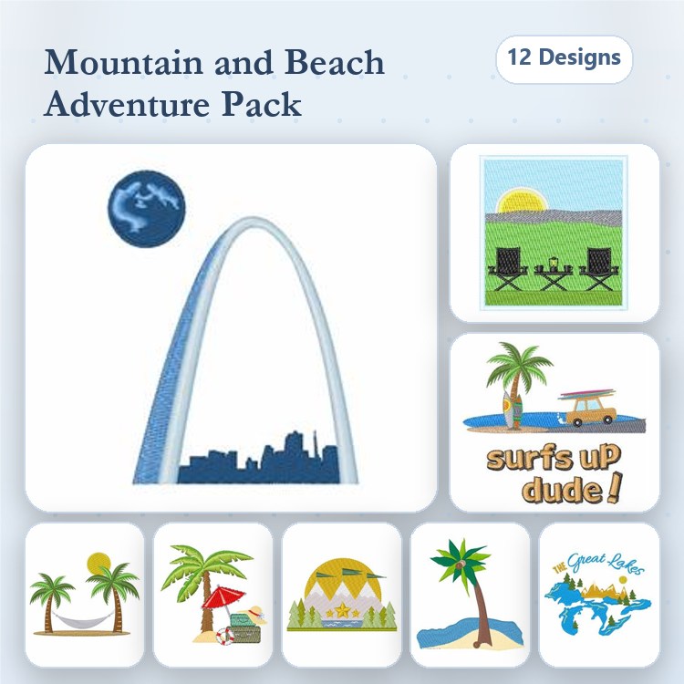 Mountain and Beach Adventure Embroidery Designs Bundle – Mountain Arch, Sunset Beach Scene, Camping Chairs & More (12 Designs)