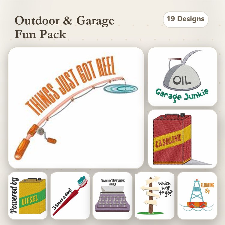 Outdoor and Garage Humor Embroidery Designs Bundle – Fishing Rod, Garage Junkie Oil Can, Fishing is My Therapy & More (19 Designs)