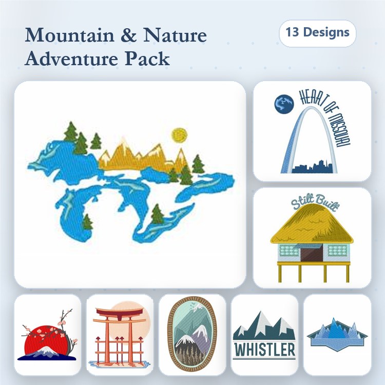 Mountain & Nature Embroidery Bundle – World Map Mountains, Sunset Over Mountains, Japanese Torii Gate & More (13 Designs)