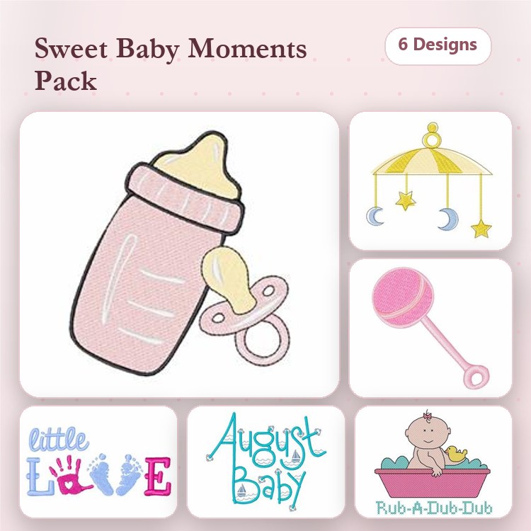 Baby-themed Embroidery Designs Bundle – Baby Bottle, Pacifier, Mobile with Stars & More (6 Designs)