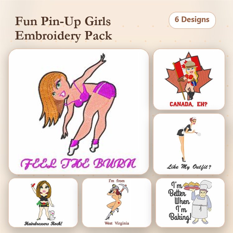 Pin-Up Girls Embroidery Designs Bundle – Skating Pin-Up Girl, Canada Eh Pin-Up Girl, & More (6 Designs)