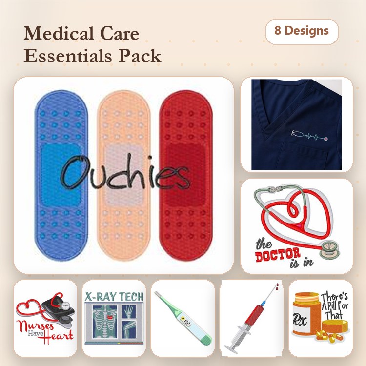 Medical Care Essentials Embroidery Designs Bundle – Bandage with Blue Color, Nurse's Heart, Thermometer & More (8 Designs)
