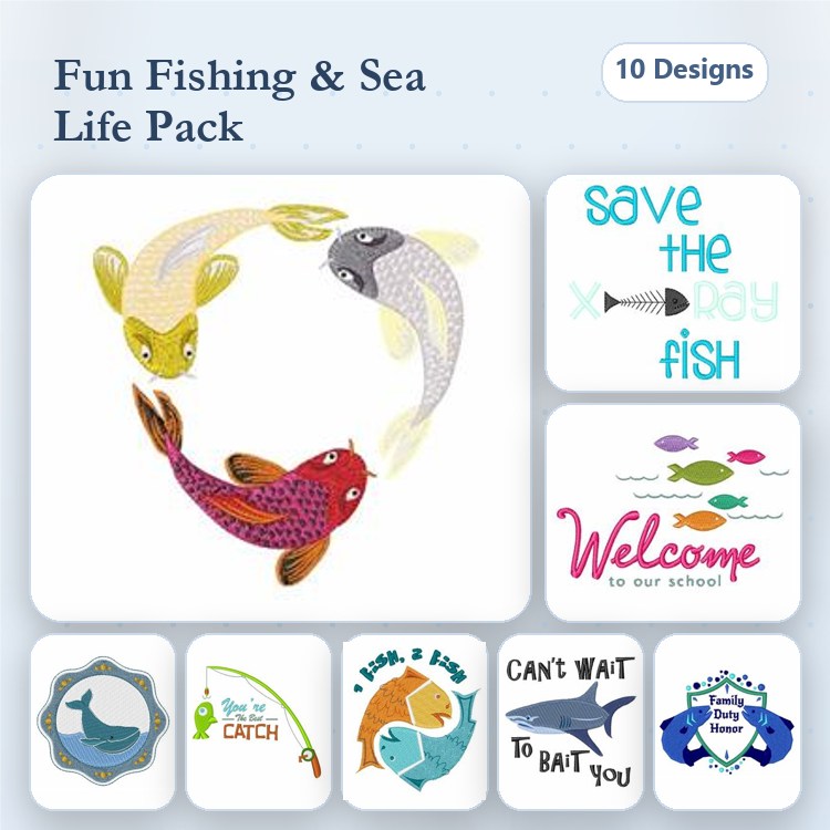 Fishing and Sea Life Embroidery Designs Bundle – Koi Fish, Whale, Fishing Rod & More (10 Designs)