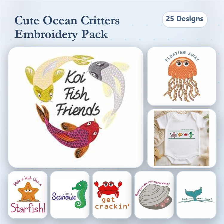 Ocean Critters Embroidery Bundle – Koi Fish Friends, Starfish, Seahorse, Crab & More (25 Designs)
