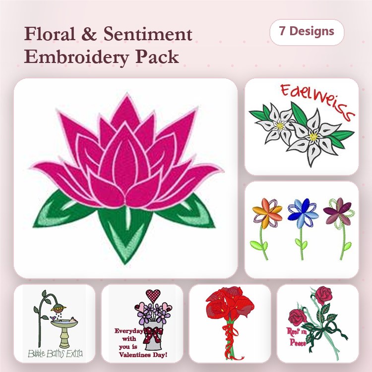 Floral & Sentiment Embroidery Designs Bundle – Lotus Flower, Rose, Happy Birthday & More (7 Designs)