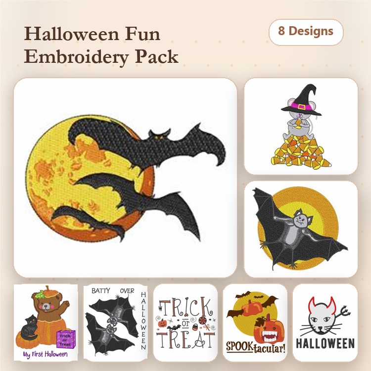 Halloween Embroidery Designs Bundle – Bat Silhouette, Halloween Witch, Spooky Bat & More (8 Designs)