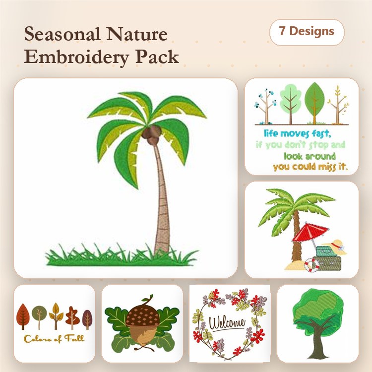 Seasonal Nature Themes Embroidery Designs Bundle – Palm Tree, Beach Scene with Umbrella, Acorn with Leaves & More (7 Designs)