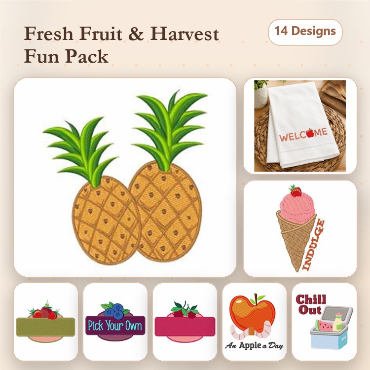 Fresh Fruit and Harvest Embroidery Designs Bundle – Pineapple Pair, Ice Cream Cone, Apple & More (14 Designs)