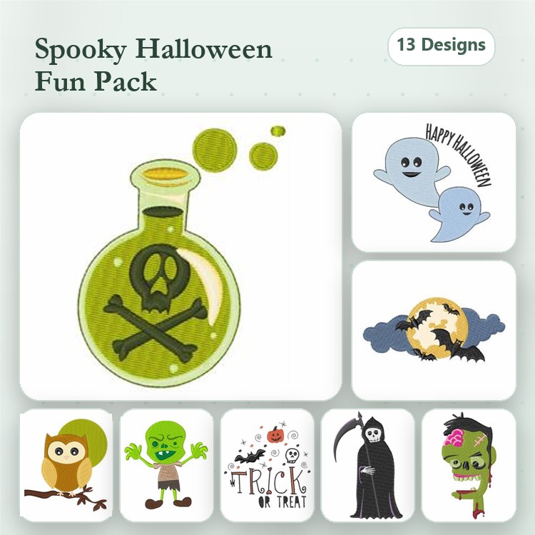 Halloween Characters & Fun Embroidery Designs Bundle – Poison Bottle, Ghost, Owl, & More (13 Designs)