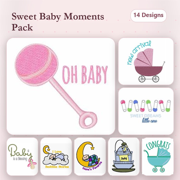 Baby Themed Embroidery Designs Bundle – Baby Rattle, Carriage, Sweet Dreams Text & More (14 Designs)