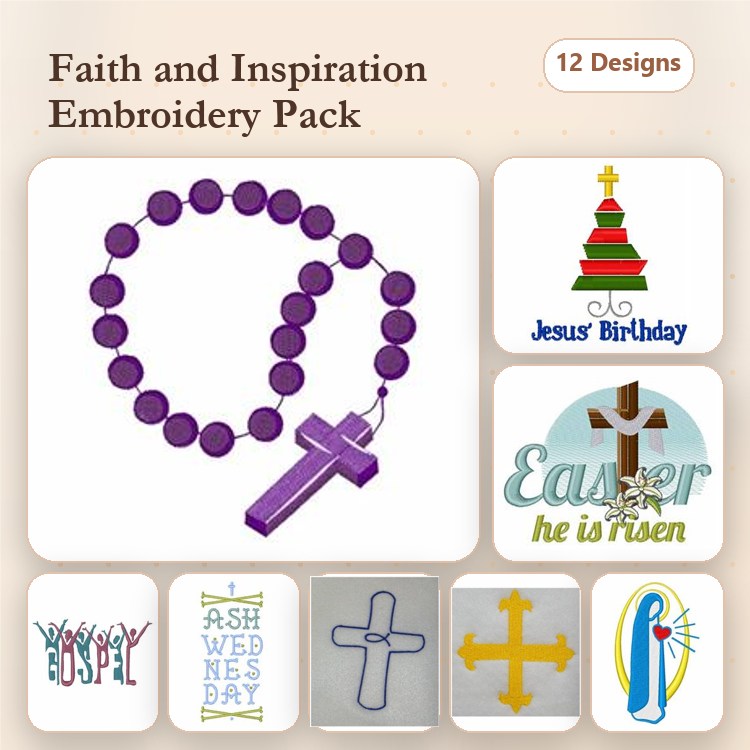 Faith & Inspiration Embroidery Designs Bundle – Rosary with Cross, Christmas Tree with Star, Heart Cross & More (12 Designs)
