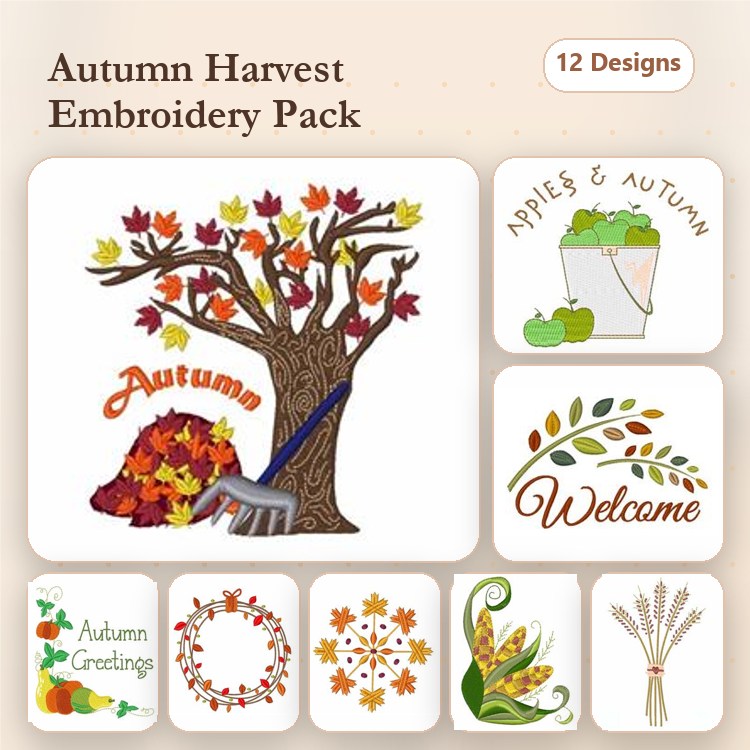Autumn Harvest Embroidery Designs Bundle – Autumn Tree, Apple Basket, Leaf Pile & More (12 Designs)