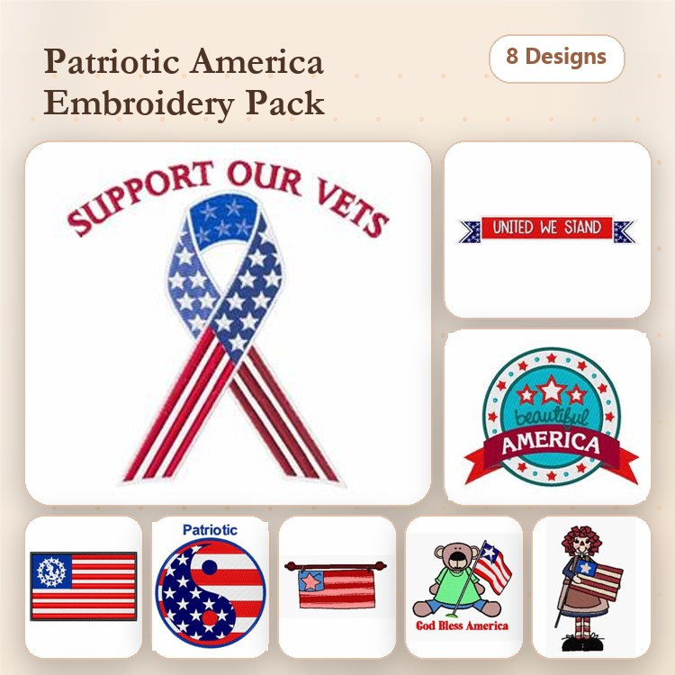Patriotic America Embroidery Designs Bundle – Support Our Vets Ribbon, United We Stand Emblem, America Badge & More (8 Designs)
