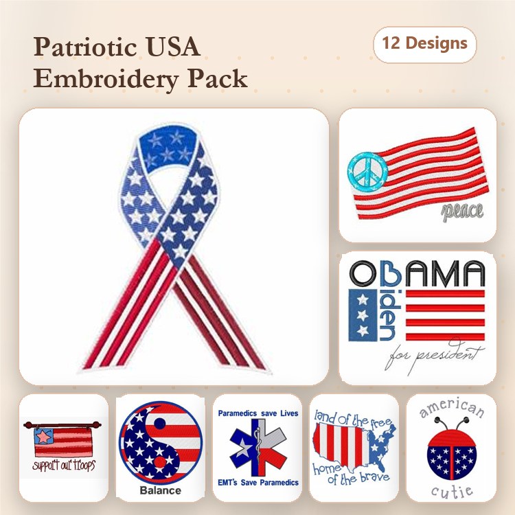 Patriotic USA Embroidery Designs Bundle – USA Ribbon, Peace Flag, Obama for President & More (12 Designs)