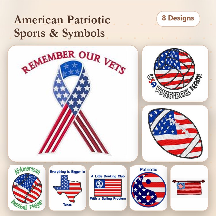 American Patriotic Sports Embroidery Designs Bundle – Remember Our Vets Ribbon, Basketball with Flag & More (8 Designs)