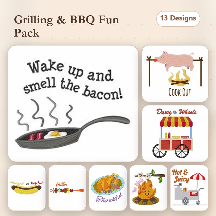 BBQ & Grilling Embroidery Designs Bundle – Waking Up and Smelling the Bacon, BBQ Ribs, Hamburger & More (13 Designs)