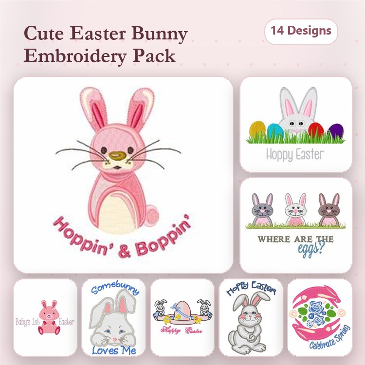 Easter Bunny Embroidery Designs Bundle – Cute Easter Bunny, Hoppin' & Boppin', Bunny Family & More (14 Designs)