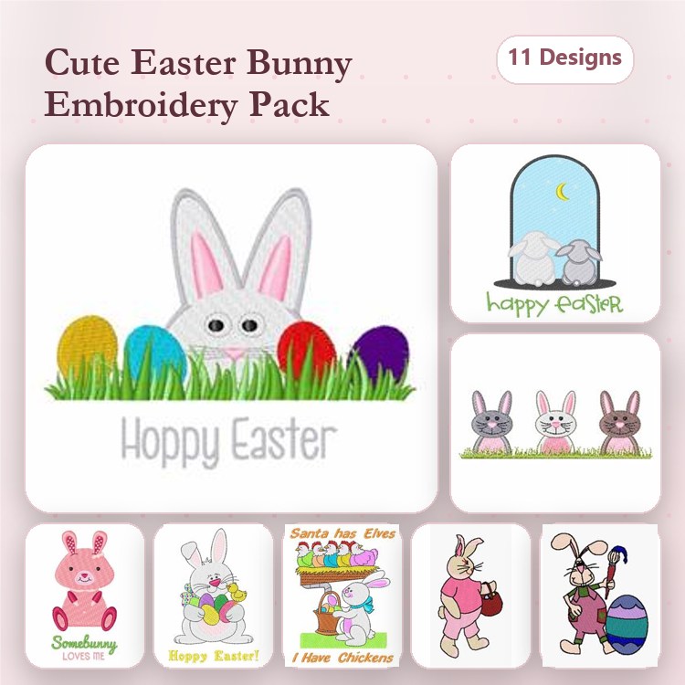 Easter Bunny & Eggs Embroidery Designs Bundle – Hoppy Easter, Bunny with Basket, Easter Window & More (11 Designs)