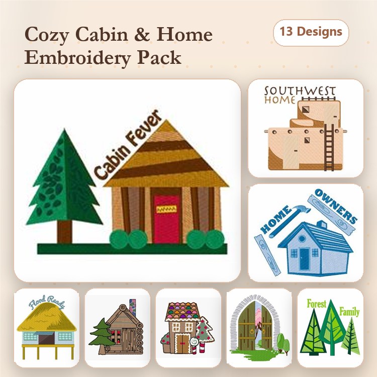 Cabin & Home Embroidery Designs Bundle – Cozy Cabin, Forest Cabin, Mountain Retreat & More (13 Designs)